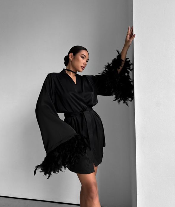 НА ПОДАРУНОК! Піжамна Шовкова сорочка + халат з пір’ям. Вау-образ!