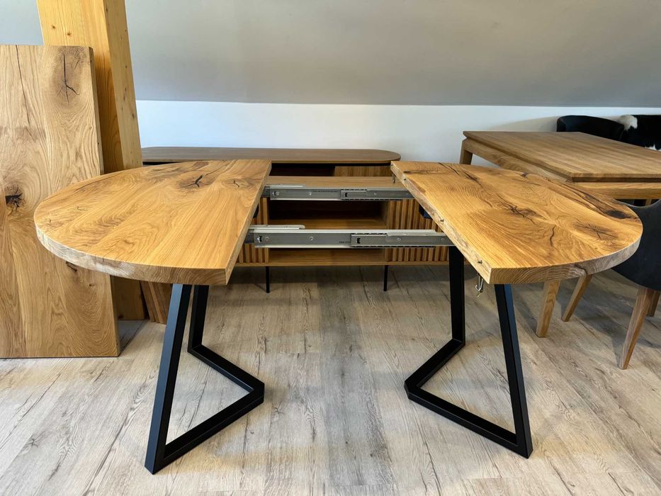 Stół okrągły,lity dąb,loftowy,rozkładany Fi 120+50 PROMOCJA !!