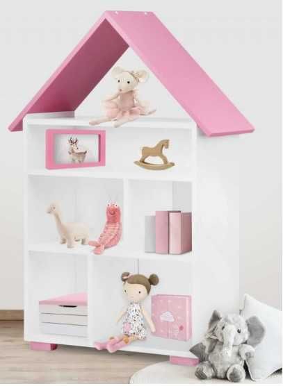 Regał KONSIMO dla dziewczynki, biały domek z różowym daszkiem