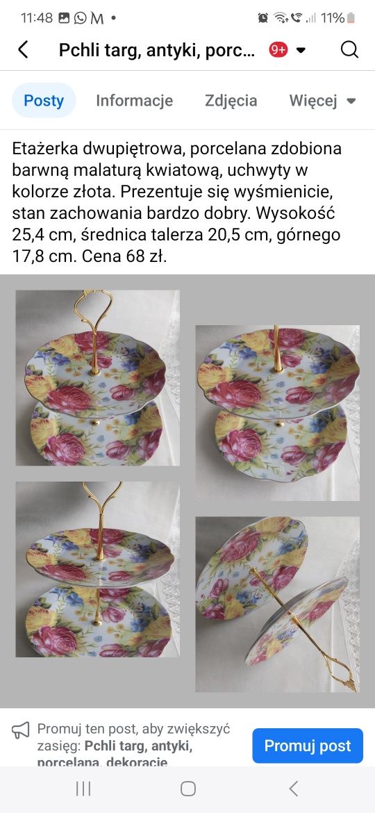 Etażerka dwupiętrowa, porcelana zdobiona barwną malaturą kwiatową, uch