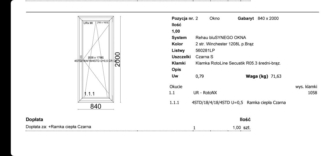 Nowe okno balkonowe REHAU BluSYNEGO 85x200 kolor winchester