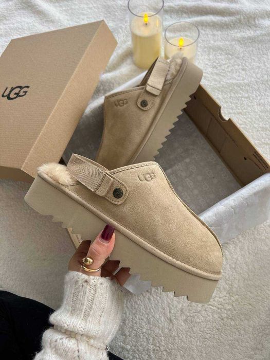 Угги UGG Lanah Clog Brown Beige Platform / Уггі Ланах Клог бежеві замш