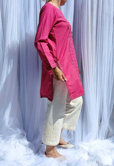 Różowa tunika boho S 36 bawełna róż złoto haft kameez hippie Bollywood