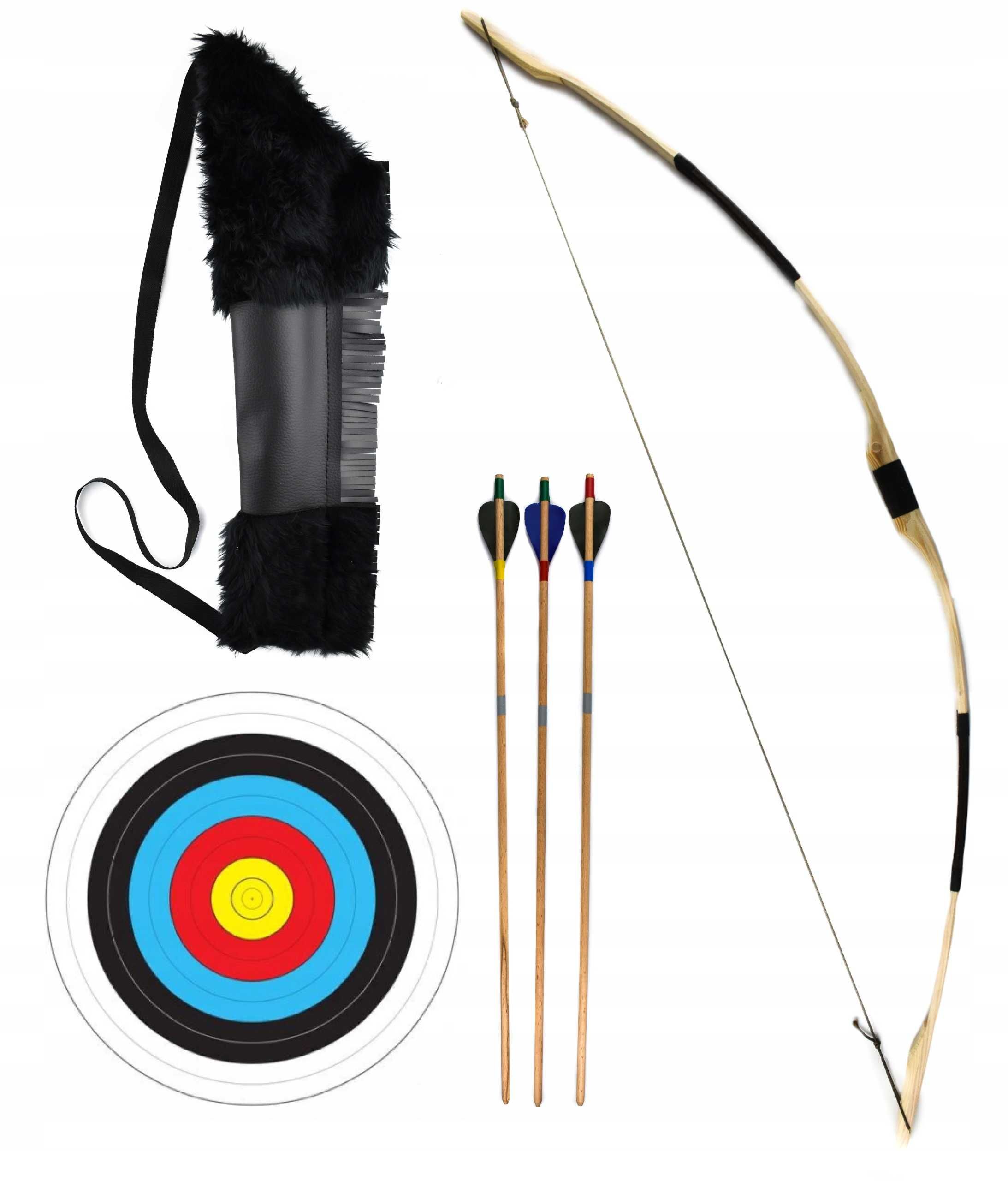 Łuk drewniany 115cm kołczan 3 strzały tarcza zestaw łuczniczy brązowy