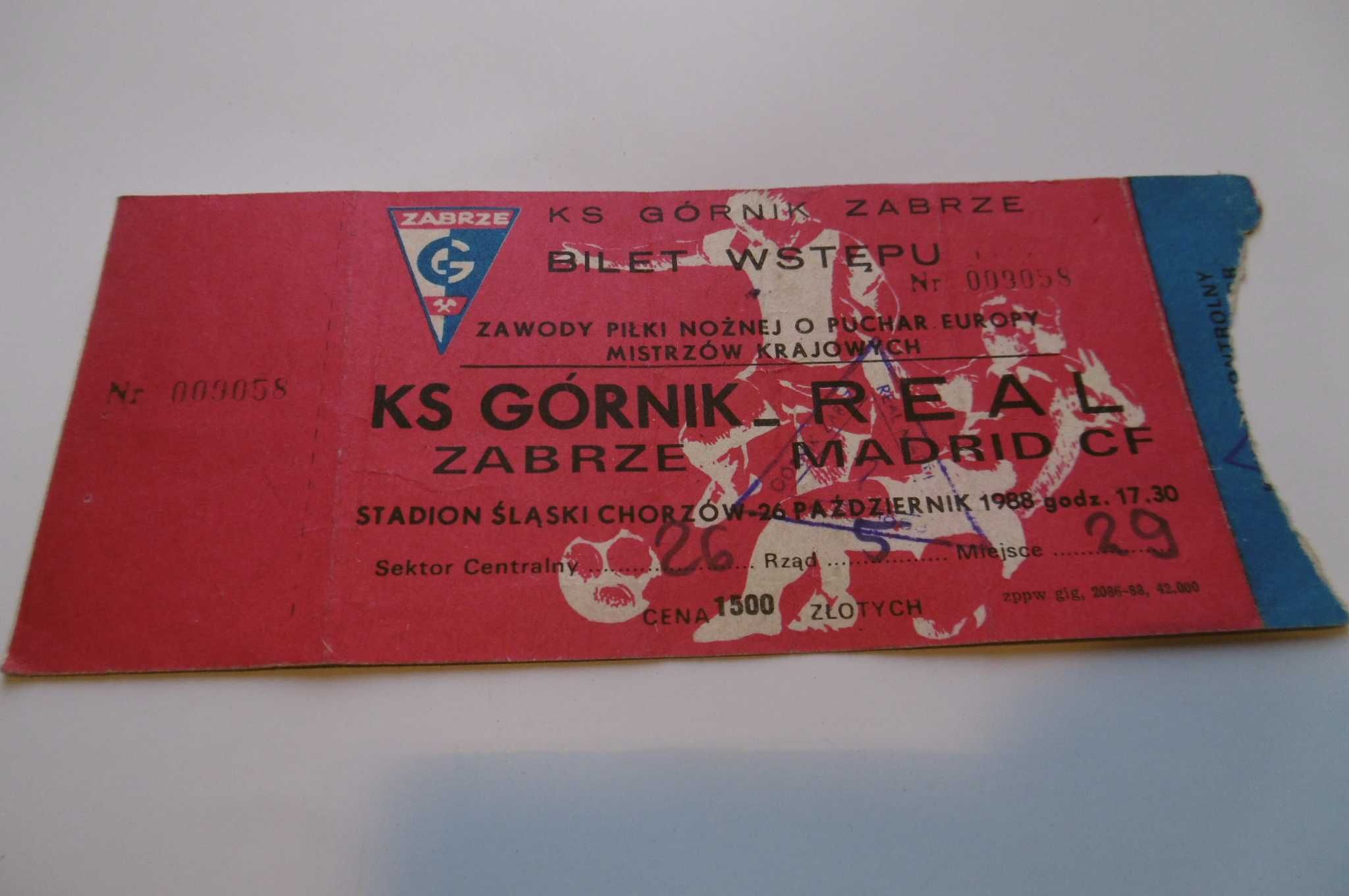 Bilet wstępu Górnik Zabrze - Real Madrid CF  26.10.1988