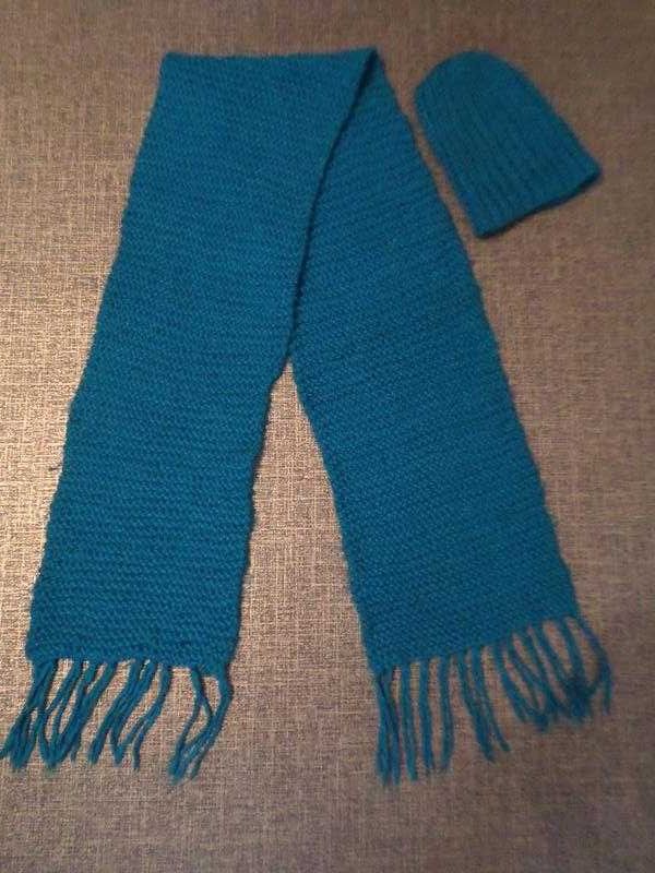 Набор Шапка с отворотом шарф длинный 2м комплект бирюзовый зима