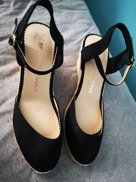 Espadryle nowe 27 cm 41/42 czarne F&F na koturnie 8.5 cm