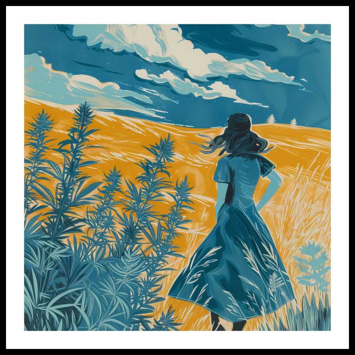 Plakat 50x50 Podróż przez Pola | Niebieski Łąka Kobieta Zboże Vintage