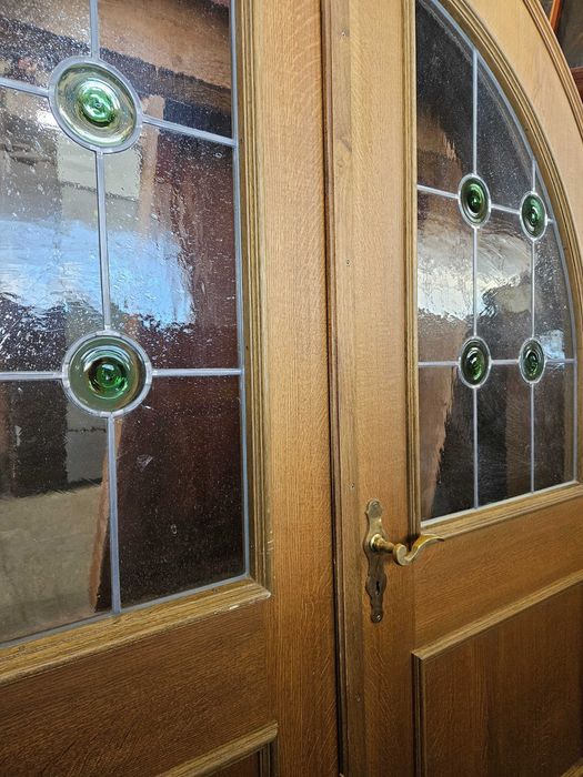 DRZWI Wewnętrzne Łukowe Dębowe Drewniane Dwuskrzydłowe 199x222 Witraż