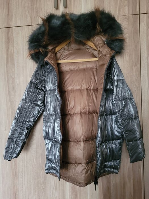 Zimowa dwustronna kurtka oversize M grafitowo beżowa nowa futerko