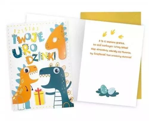 Karnet Urodziny 4 dinozaury. Kukartka