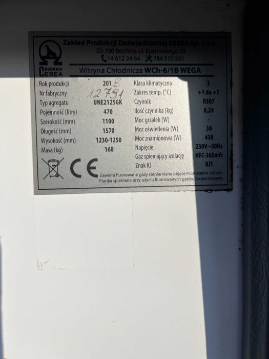 2018 r. Lada witryna chłodnicza Bochnia dł. 1,5 m, 2 m