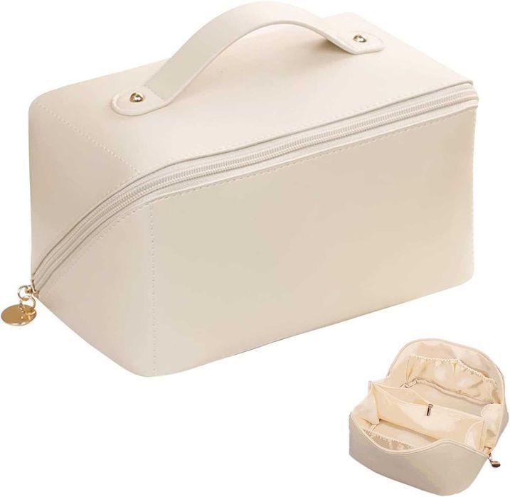 Kosmetyczka damska podróżna skóra PU organizer kuferek 23x11cm kremowa