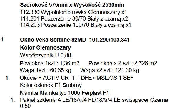 okno od ręki Veka Softline 82 MD/ dwustronny antracyt/ 57,5 x 237 cm