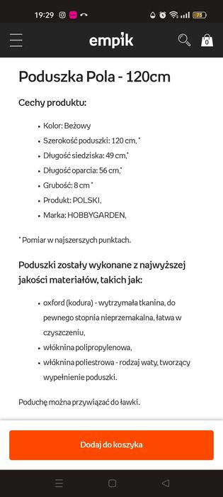 Poduszka na huśtawkę ogrodową lub na meble z palet