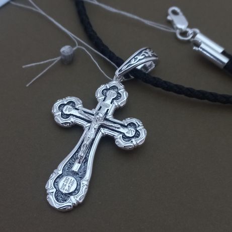 Серебряный крестик и шёлкоый шнурок Серебро 925 проба крест подвес