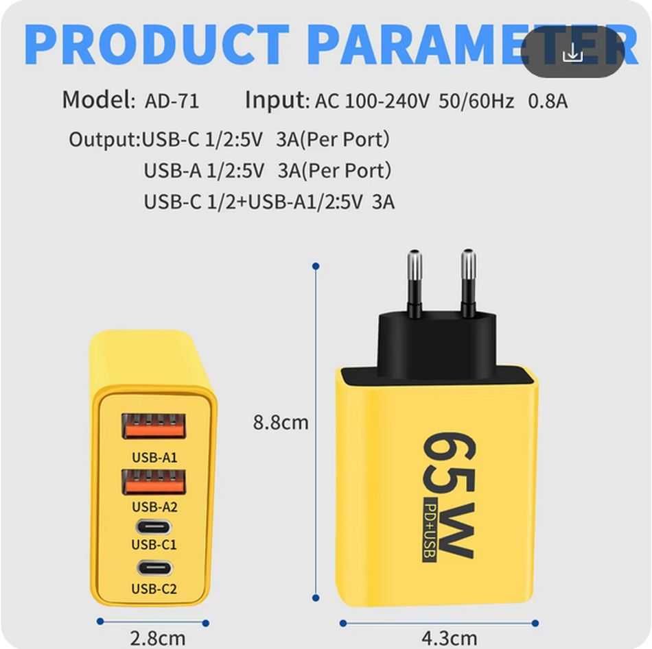 Ładowarka sieciowa USB: 2x USB C i 2x USB A 65W żółta