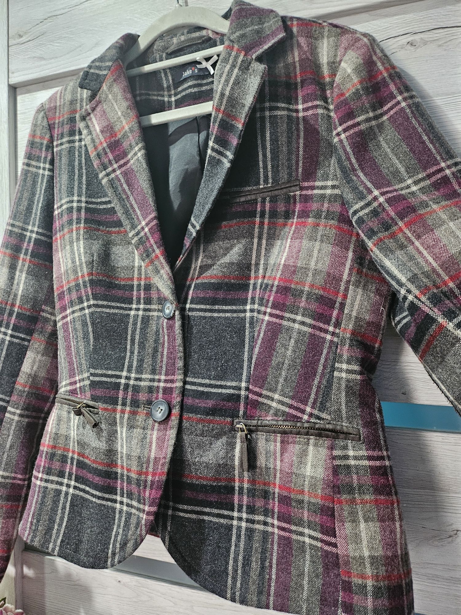 Marynarka/Żakiet Vintage, Retro, brązowa,w czerwono jasną kratę,wełna