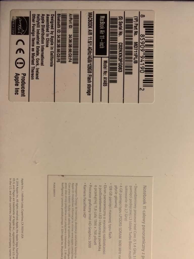 Macbook Air A1465 11" 2014