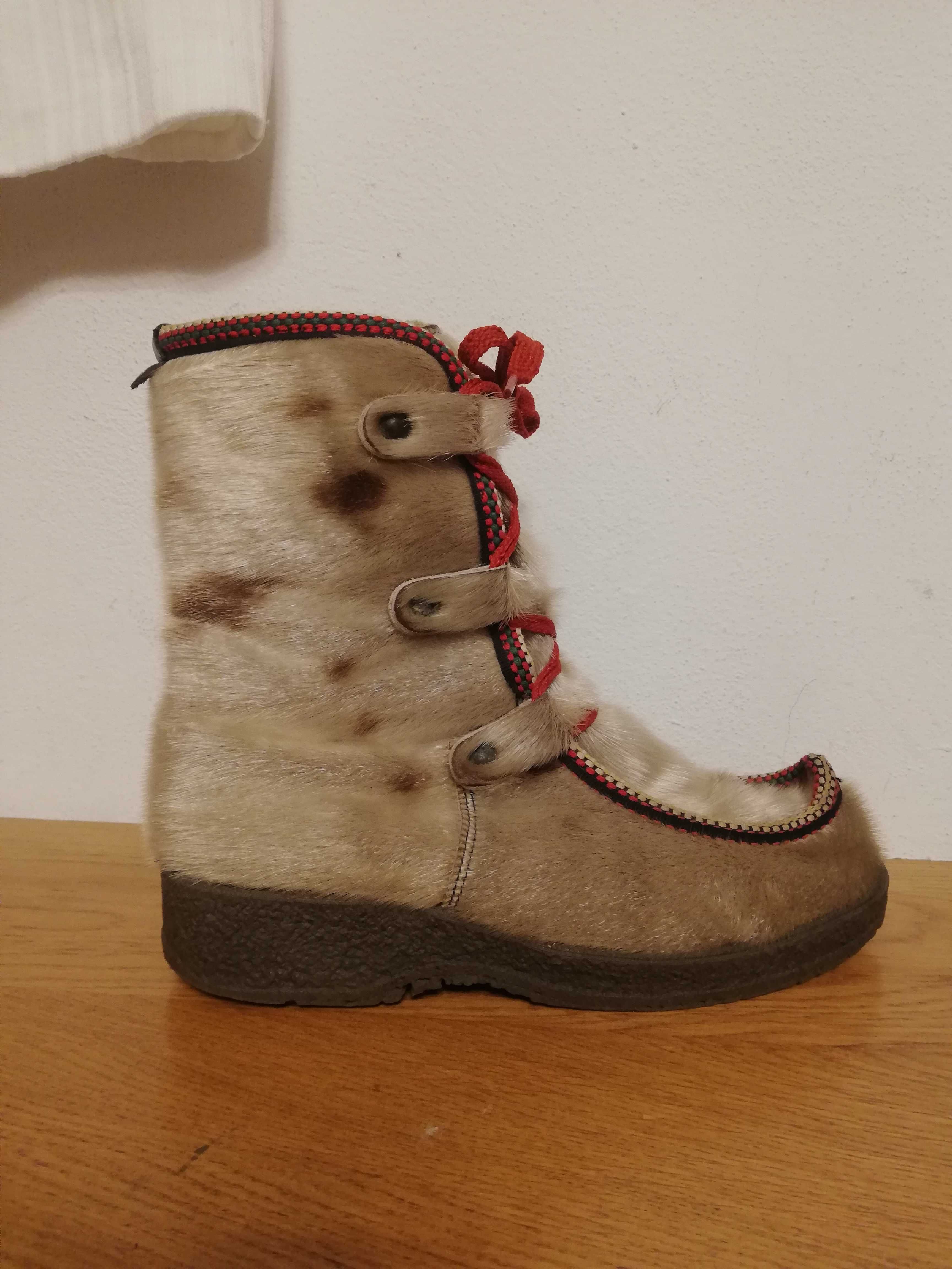 skórzane skandynawskie buty zimowe vintage renifer śniegowce futrzane