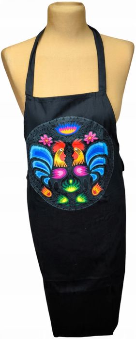 Czarny fartuch kuchenny z kolorowym nadrukiem folkowym