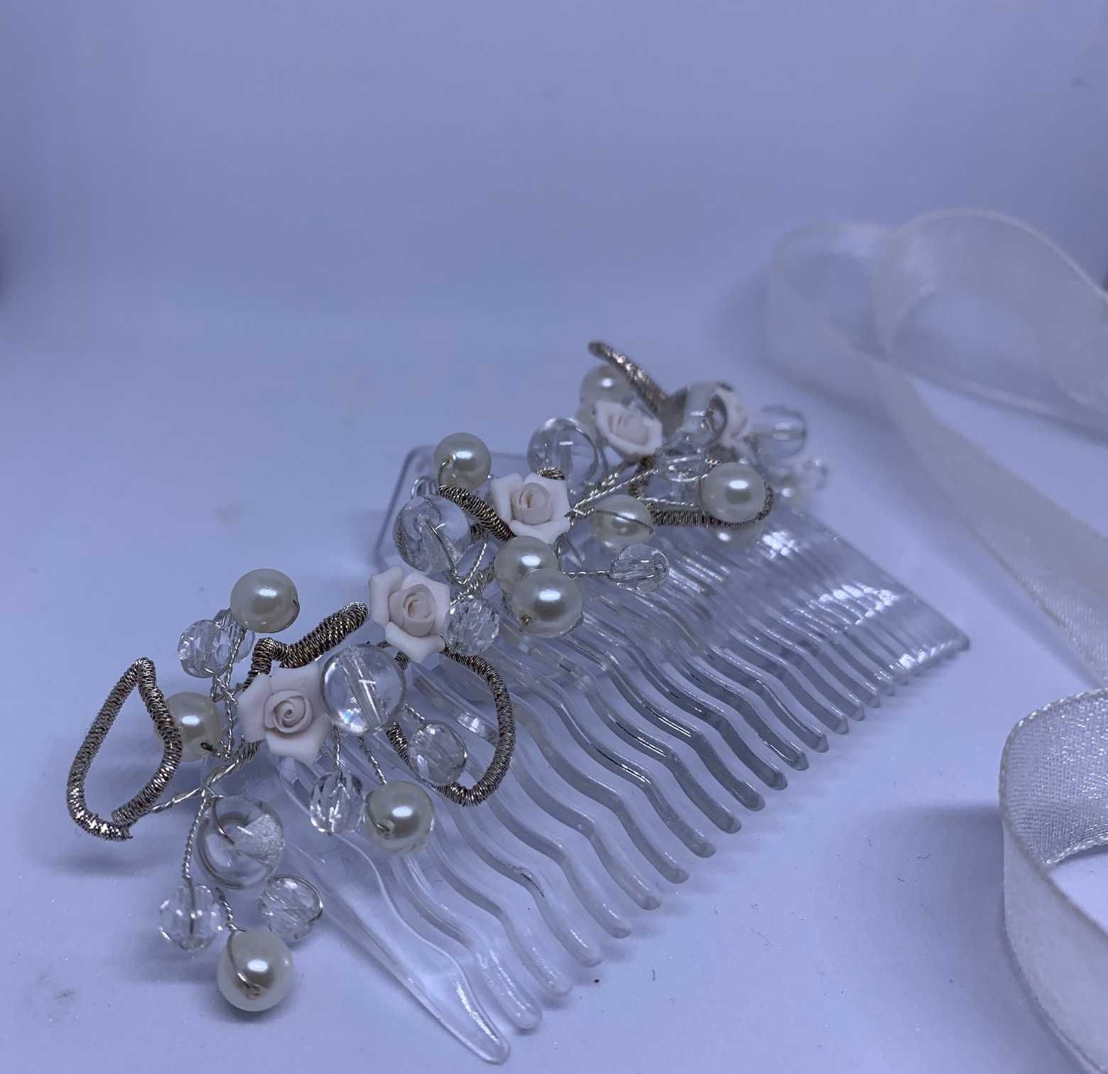 komplet ślubny handmade grzebyk choker róże perły kryształy urok
