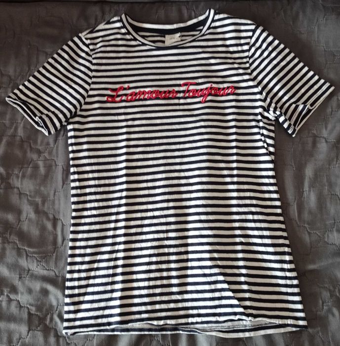 T shirt dziewczęcy w paski biało-granatowe, H&M, XS