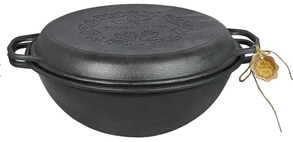 Казан чавунний узбецький об`ємом 12 л WOK із кришкою-сковородою гриль