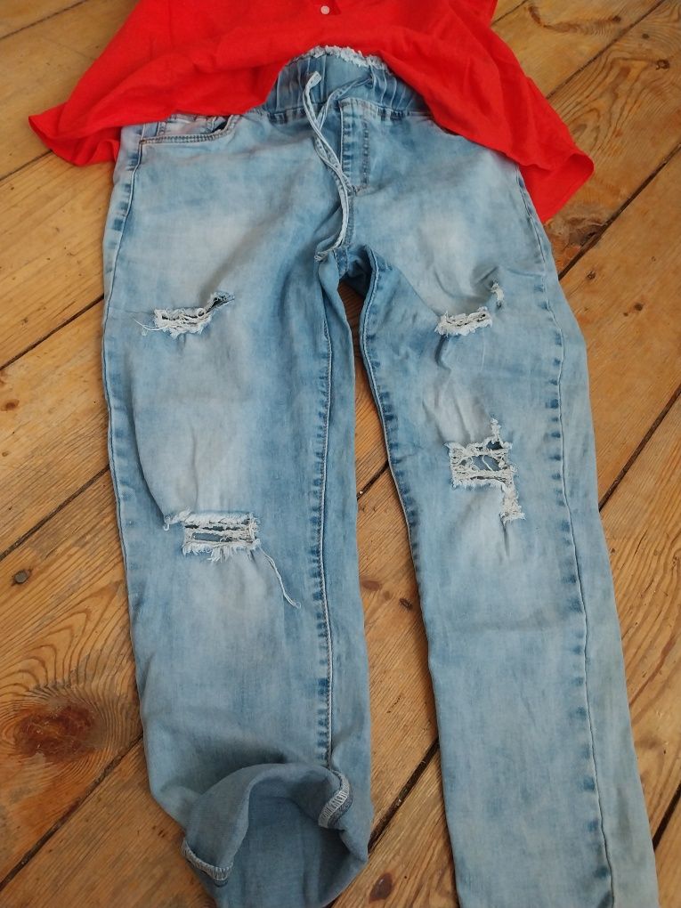 Zestaw jeansy dziury capri denim bluzka hm malinowa len nowa kompletXL