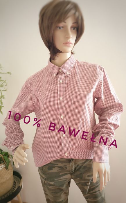 Koszula unisex w biało-bordową drobną kratkę Uniqlo 100% bawełna
