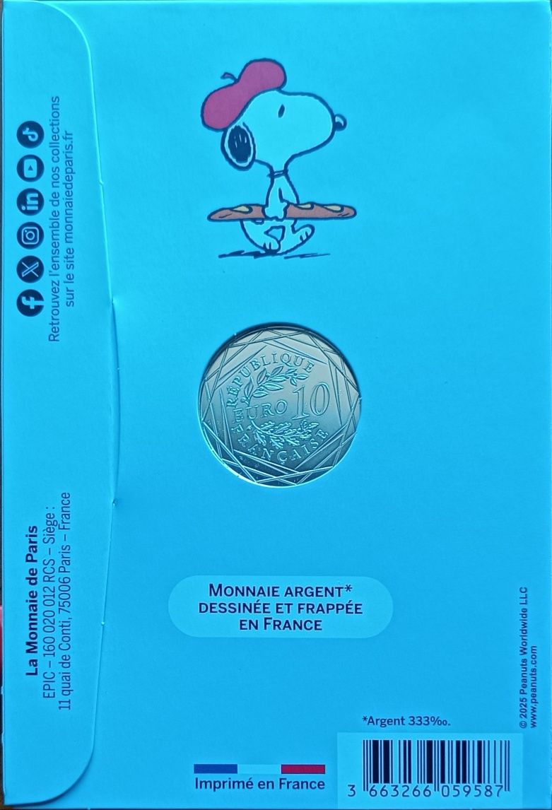 França 2025- Snoopy 75 anos, moeda 10€ prata .
Moeda de Prata de 10€