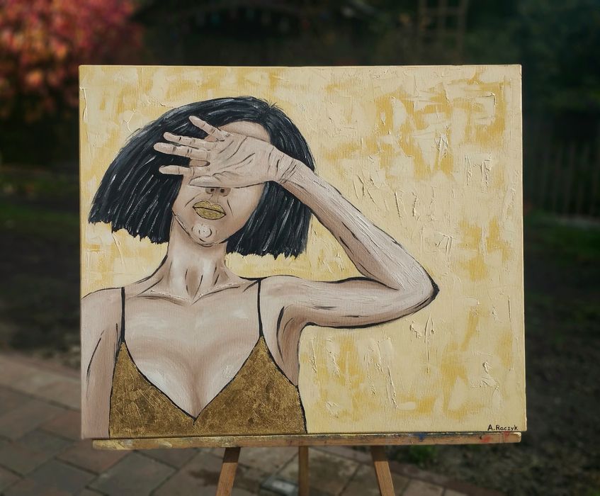 Obraz olejny 50x60 cm złoto beż krem kobieta