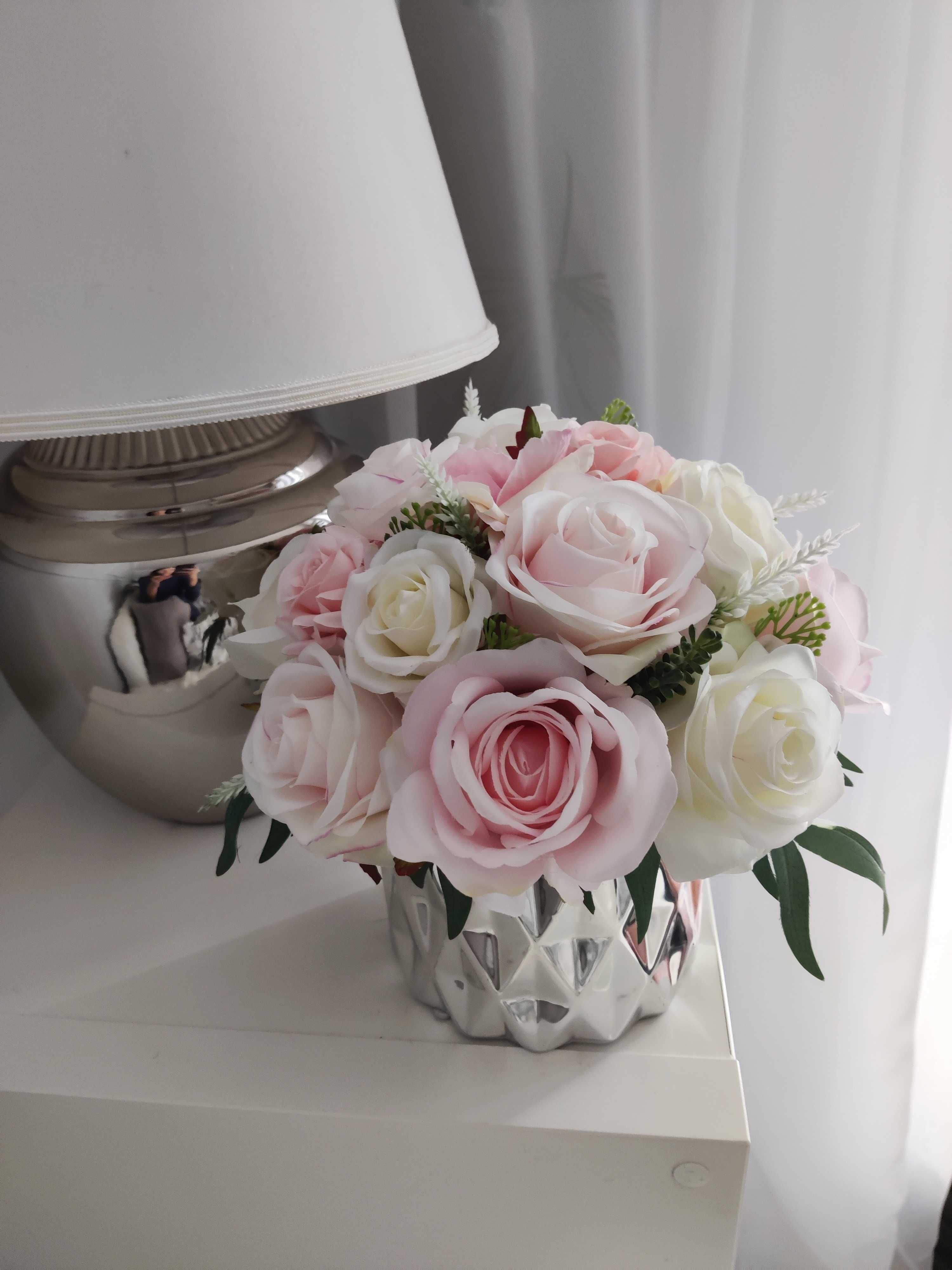 Kompozycja całoroczna róż srebro ceramika Glamour