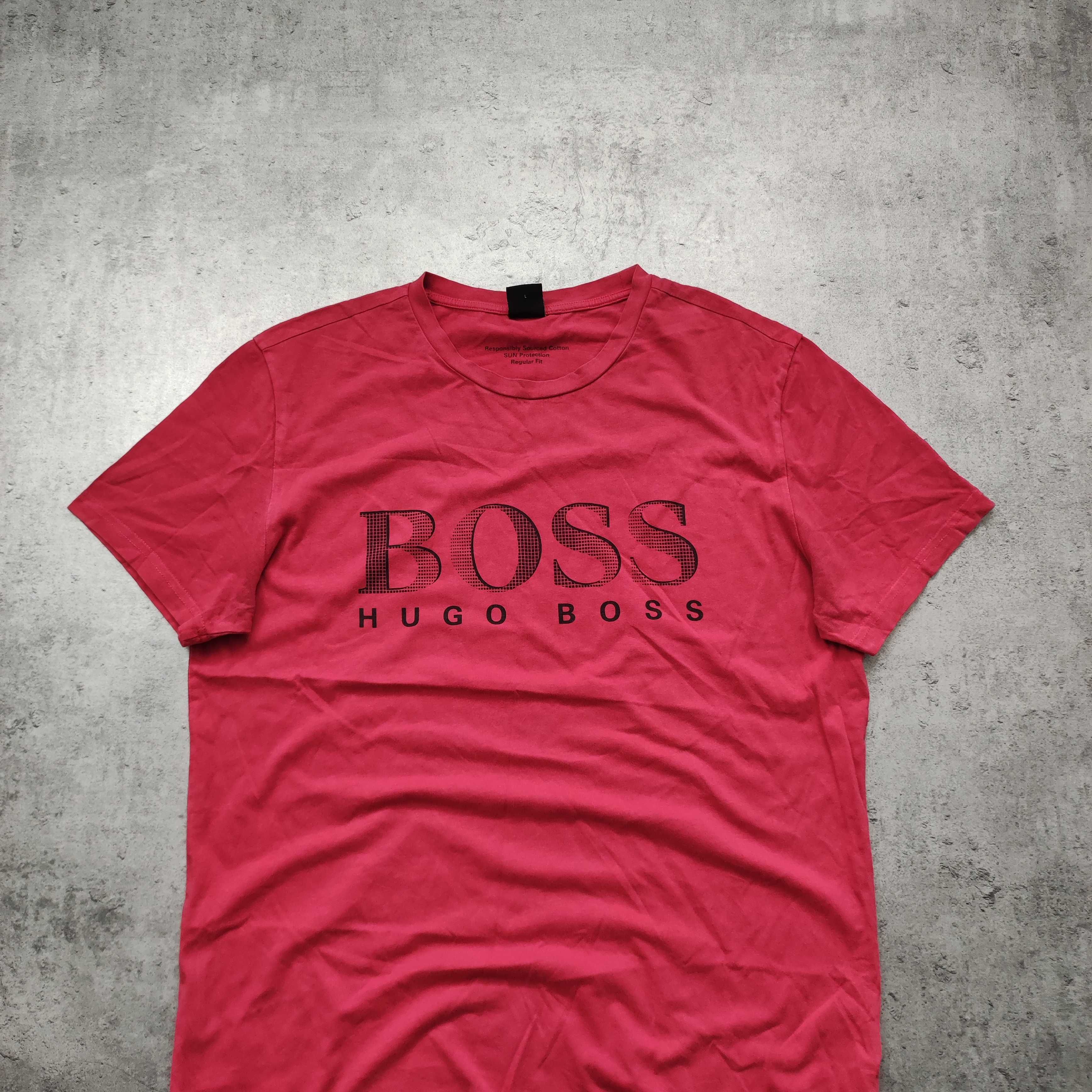 MĘSKA PREMIUM Koszulka Bawełna Duże Logo Hugo Boss Nadruk Różowa