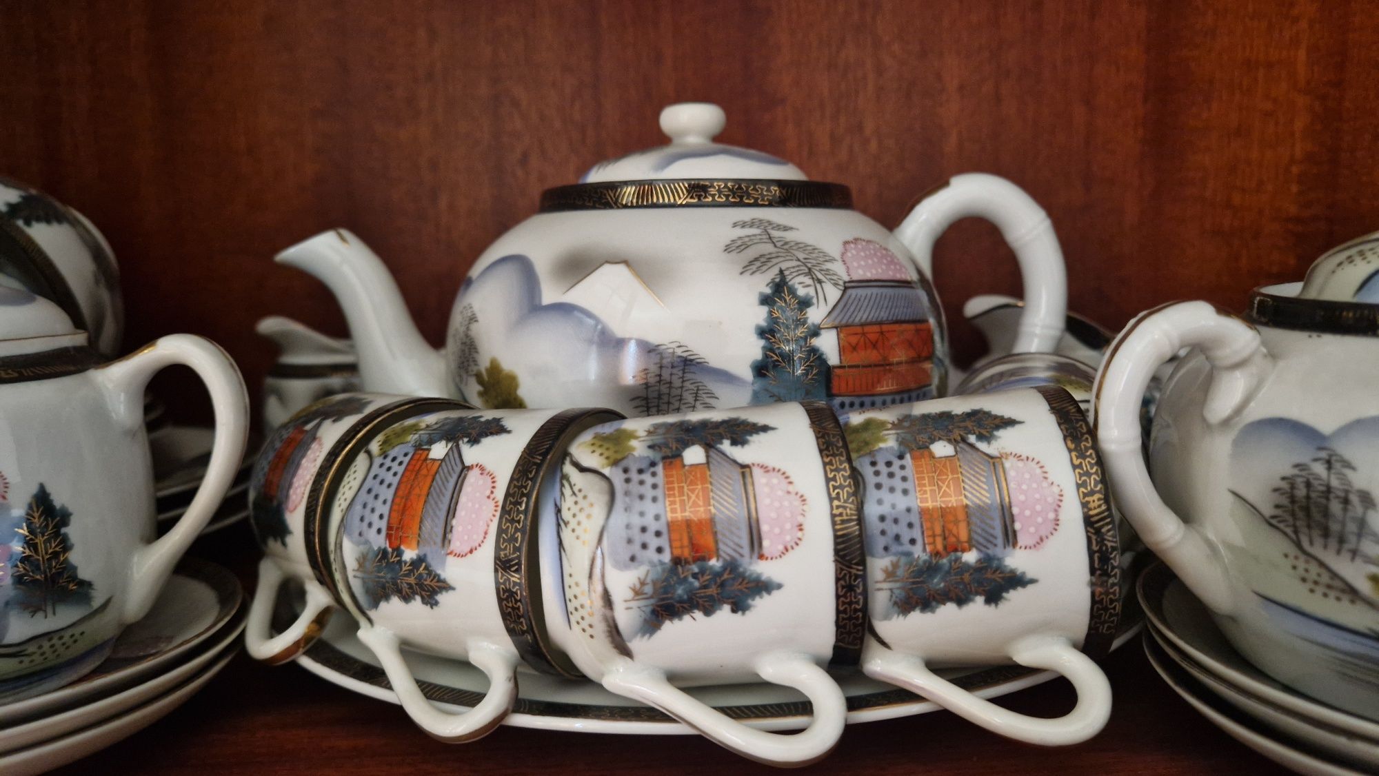 Conjunto de chá japonês antigo com geisha escondida (15 peças)