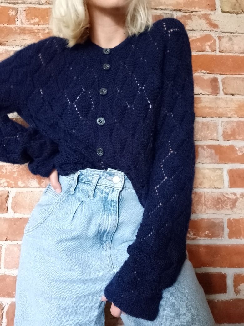 Granatowy ażurowy kardigan sweter oversize 100% wełna handmade