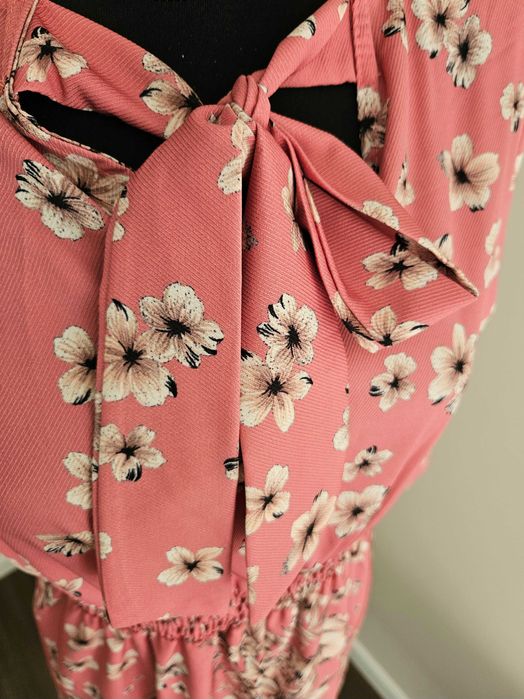 Sukienka midi różowa beżowe kwiaty L XL