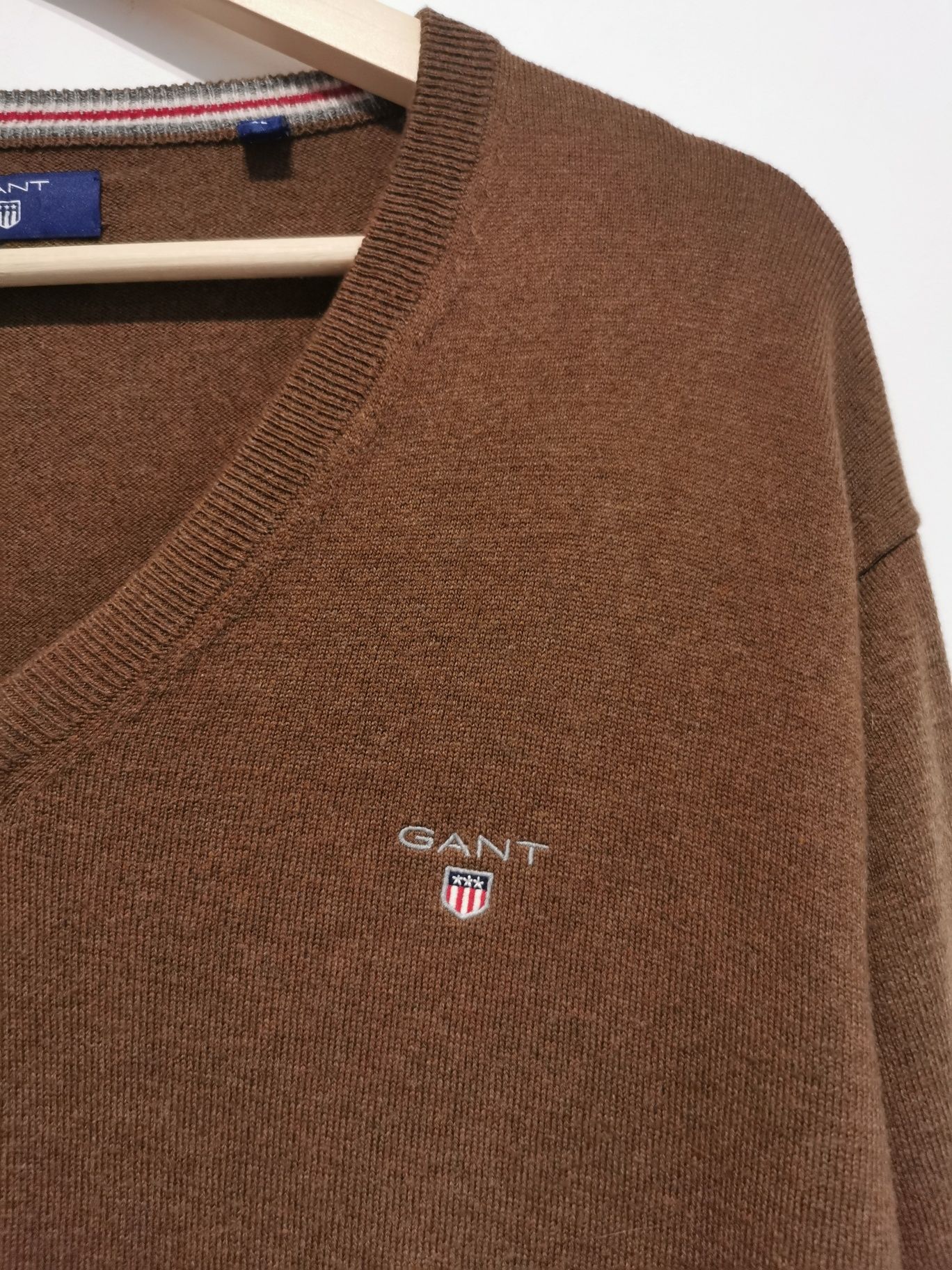 Gant sweter w serek męski logowany wełna XL