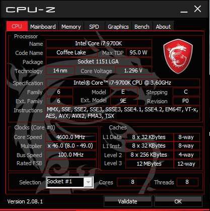 Intel Core i7-9700K + MSI Z390 Gaming Pro Carbon + 16GB 3466MHz DDR4