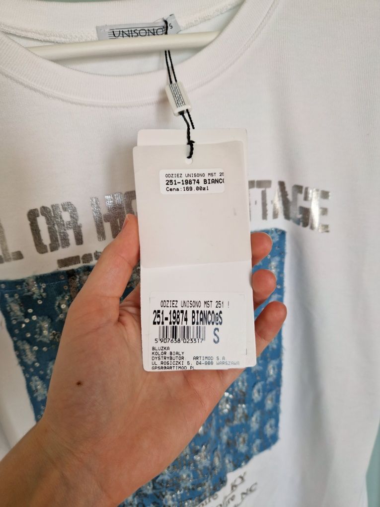 95% wiskoza biała bluzka z długim rękawem z nadrukiem denim Unisono