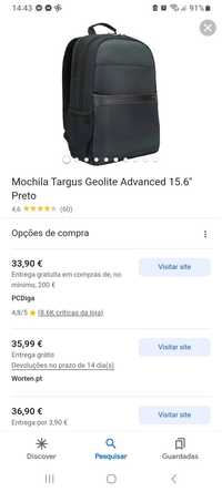 Mochila Targus Geolite Advanced 15.6" Preto nova!