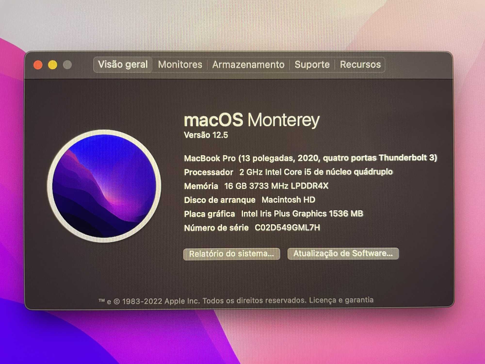 Macbook Pro 13" 2020 | 16gb RAM | 2 GHz | 512GB  (como novo)