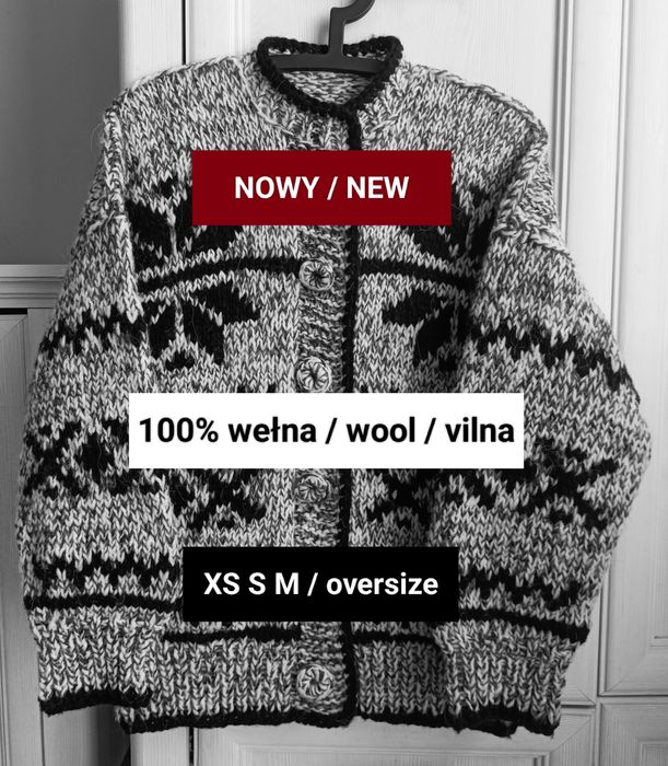 XS S M oversize ciepły  kardigan handmade 100% wełna jakość