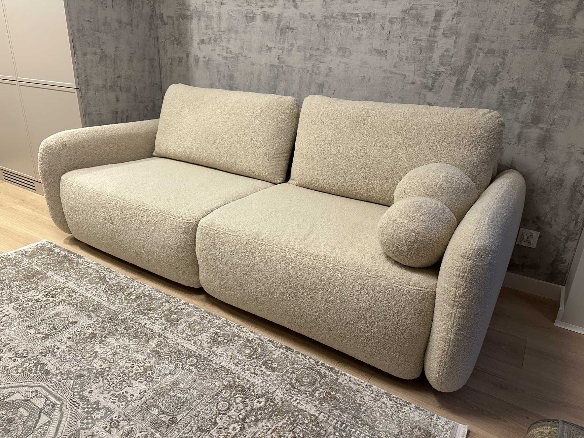 Sofa Botse, rozkładana, jasnobeżowa z pojemnikiem, boucle, Lectus