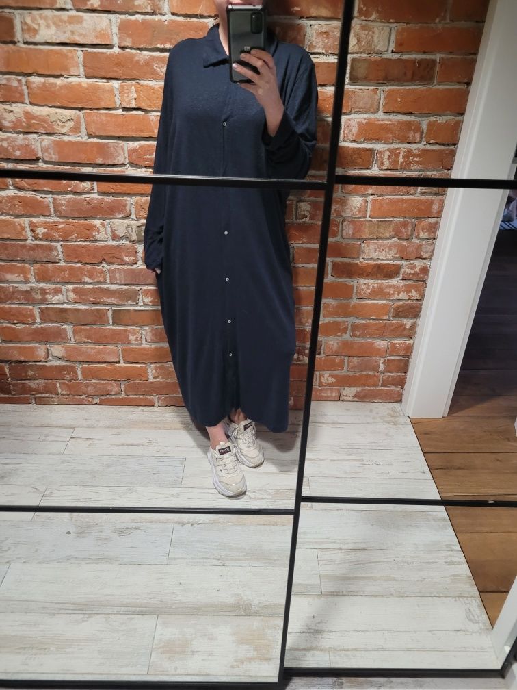 Mega długa lniana sukienka z kołnierzykiem oversize H&M premium