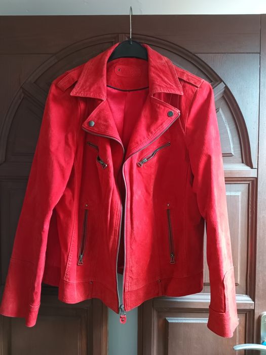 Damska ramoneska czerwona skóra naturalna nubuk zamsz xxl