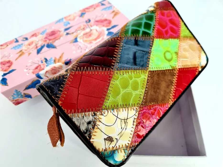 Patchwork portfel skórzany damski modny stylowy ekstra wzór nowy