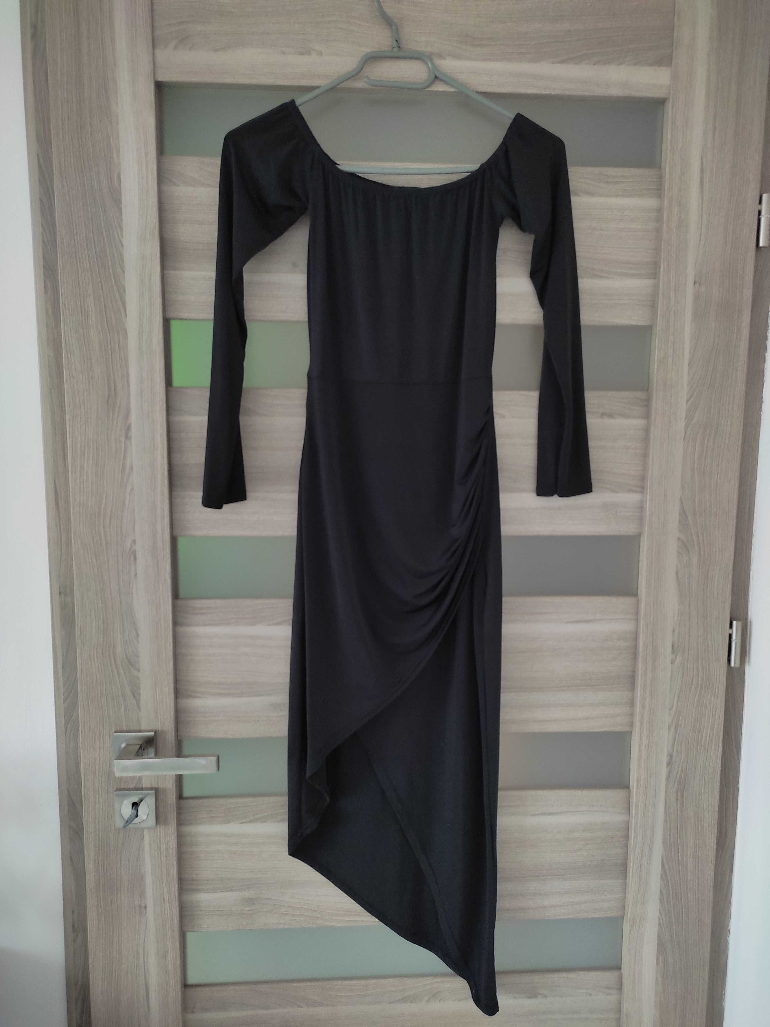 Czarna asymetryczna przekładana sukienka z drapowaniem New Look roz 36