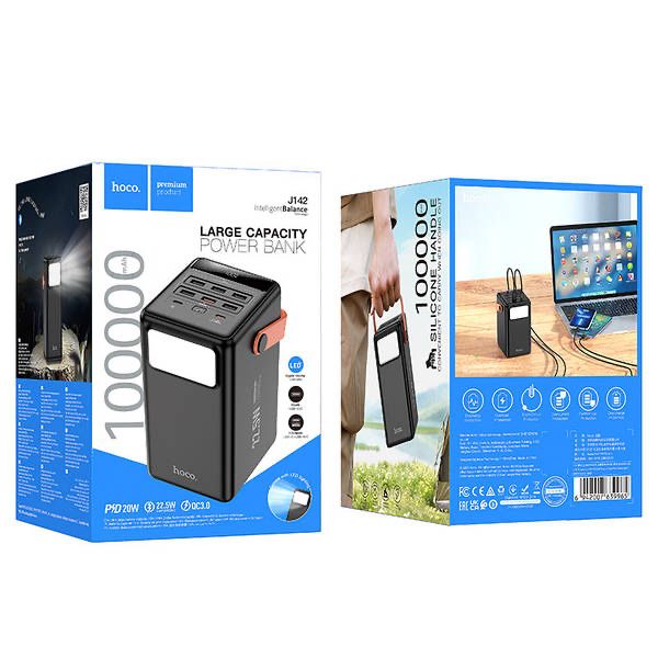 повербанк зі швидкою зарядкою 22.5W та ліхтарем 100000mAh HOCO J142