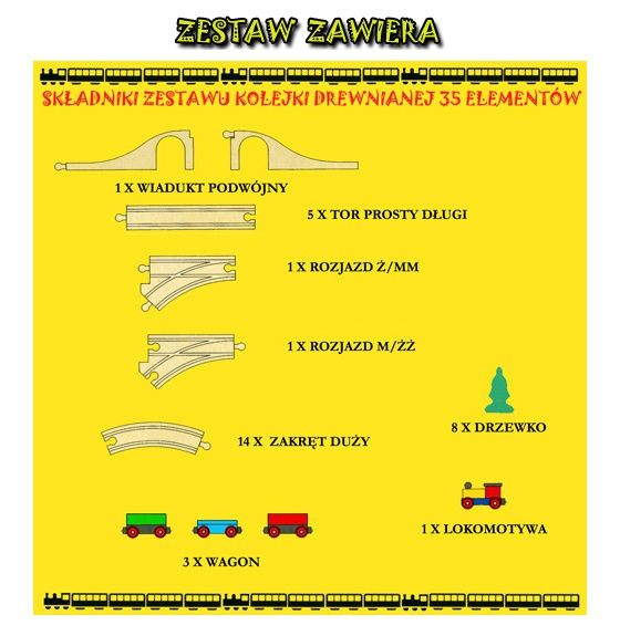 Kolejka Drewniana 35 elementów PRODUCENT ! PIĘKNA